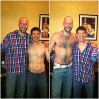 Stand up comedian Gabe Kea performing a shirt swap with a fan after the show!