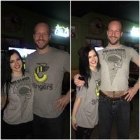 Stand up comedian Gabe Kea performing a shirt swap with a fan after the show!